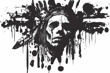 Native American Chief Portrait: Ink Splatter Art