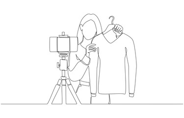 Continuous one line drawing of young woman selling clothes on livestream, online business concept, single line art