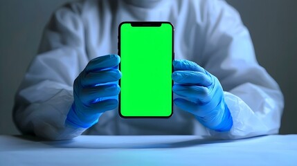 Gloved hands in protective suit present smartphone with green screen. Ideal for app demos or medical presentations.