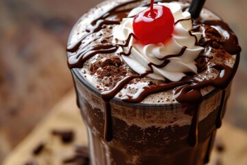 A delicious chocolate milkshake topped with whipped cream and a cherry.