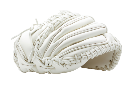 White baseball glove laying on a flat surface with detailed stitching and a soft texture