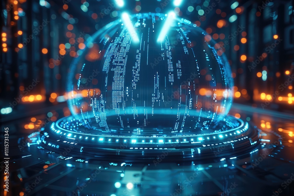 Leinwandbilder A large ring of holograms in the space displays economic data and stock charts related to data science and networking. The data center is blurred in the background.