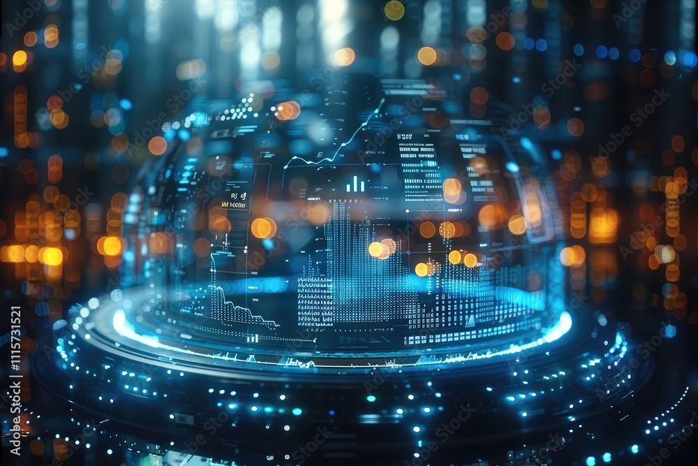 Leinwandbilder a large ring of holograms in the space displays economic data and stock charts related to data scien