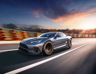 Obraz premium High-speed luxury automobile in a modern race drive setting, showcasing sleek design and performance for automotive marketing