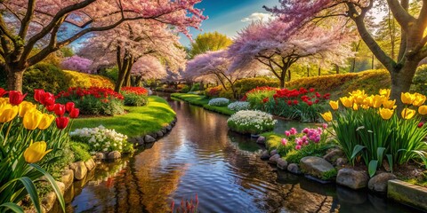 Fototapeta premium Tranquil Anime Garden Scene with Flowing Streams and Blooming Flowers in a Serene Spring Setting Perfect for Nature Lovers and Fantasy Enthusiasts