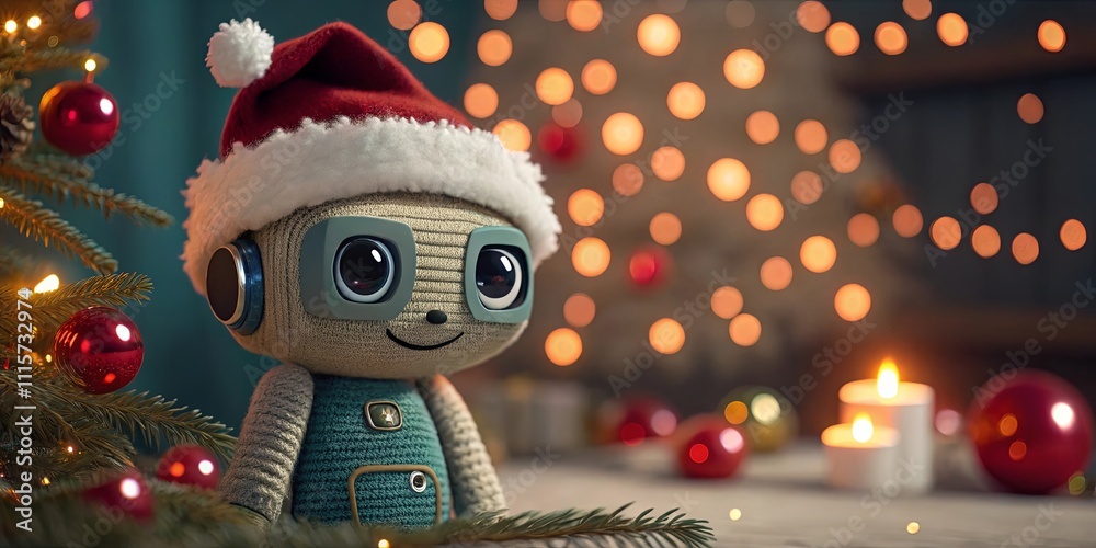 Poster a robot is sitting under a christmas tree with a red hat on