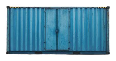 Blue shipping container with metal door in view, cut out - stock png.