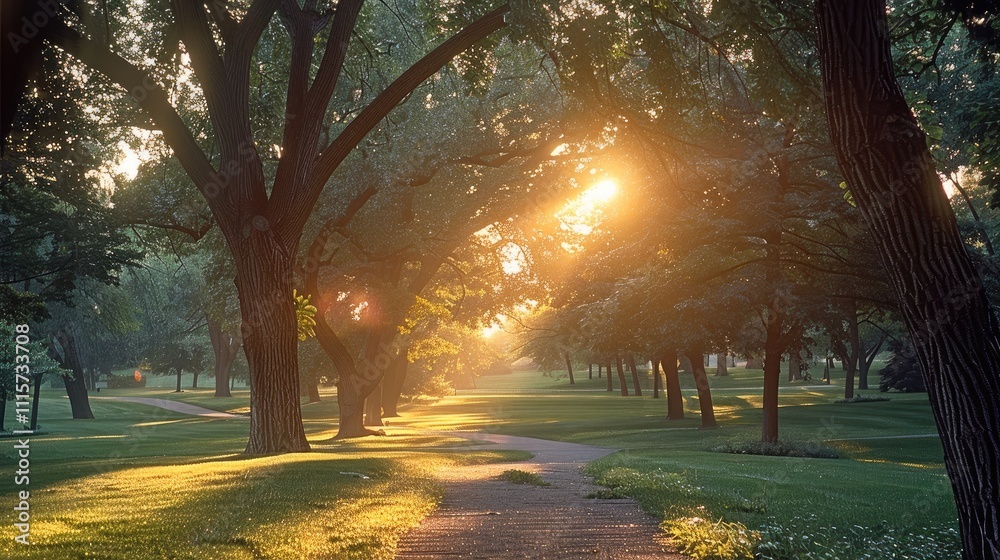 Poster a peaceful park at dawn. soft sunlight rises through the trees, creating soft, golden rays of light 