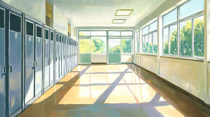 Obraz premium Empty school hallway, a silent testament to the passage of time and the fleeting nature of youth, where memories of laughter and learning linger in the air, waiting to be rediscovered.