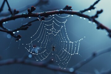 Spiders crafting intricate webs between tree branches a shadowy forest rich details capturing a moody and realistic atmosphere