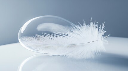 A white feather inside a clear glass orb.