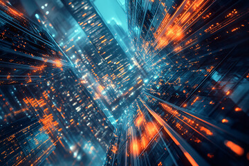 Obraz premium A futuristic cityscape with glowing orange and blue lights and a dynamic vertical perspective creating an urban sci-fi vibe 
