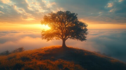 Fototapeta premium Solitary tree on hilltop at sunrise, above clouds.