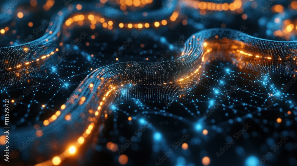 Poster blockchain technology in a 3d format, depicting multiple layers of linked chains with luminous spher
