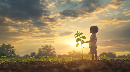 Fototapeta premium A child facing a world of withered trees and polluted skies, standing alone with a small green plant in their hand, embodying hope amidst despair