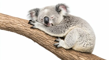 Fototapeta premium sleepy koala hugging a tree trunk isolated on a clean white background soft lighting and simple style