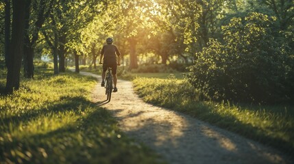 Fototapeta premium Cyclist riding along sunlit forest trail during golden hour. Serene outdoor recreation scene capturing active lifestyle and natural environment with atmospheric lighting