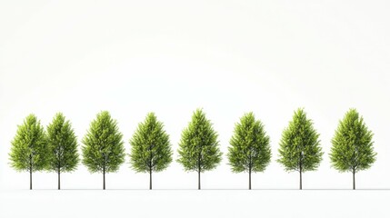 Fototapeta premium Row of green trees in linear arrangement isolated on a plain white background natural tones bright lighting