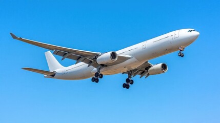 Obraz premium A commercial airplane flying against a clear blue sky.