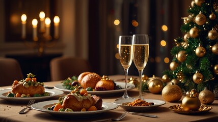 A beautifully arranged holiday dinner table features gourmet dishes, sparkling glasses, and a decorated tree, creating an inviting and festive atmosphere for celebration