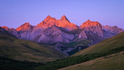 Fototapeta premium Majestic mountain range at sunset, showcasing vibrant colors and textures.