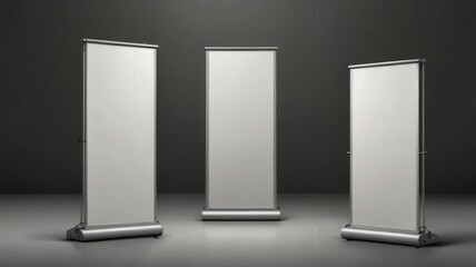 Three collapsible stands are positioned against a simple background, ready for presentations or displays, showcasing a clean and modern design ideal for various events