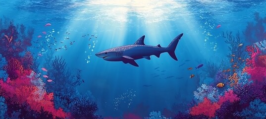 Obraz premium Underwater shark swimming near coral reefs sunlight filtering surface small fish darting around in realistic style