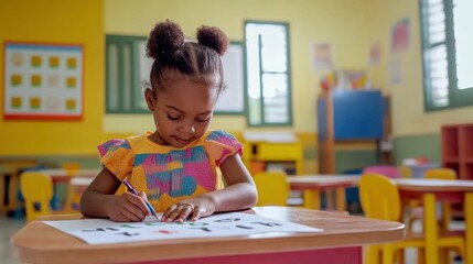 little girl tracing letters on a worksheet while sitting at a small desk in a cheerful classroom