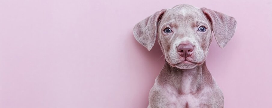 Weimaraner puppy portrait on pink background. Studio shot of purebred grey dog with blue eyes showing curious expression. Minimalist pet photography with copy space. 8k banner - Powered by Adobe