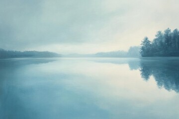 Obraz premium A serene lake scene with misty reflections and a tranquil atmosphere.