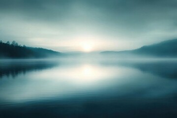 Obraz premium Serene lake at dawn, shrouded in mist and soft light.