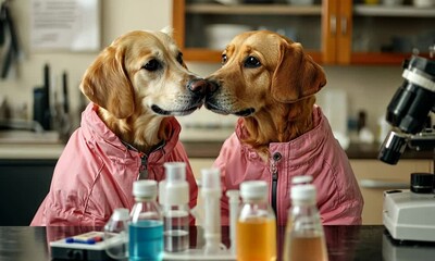 Two dogs in pink coats sit at a table with various bottles, resembling a playful science experiment.