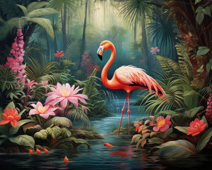 Tropical Jungle Scene with Colorful Birds and Exotic Flowers