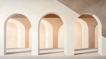 Abstract architectural space with arches and soft color gradients.
