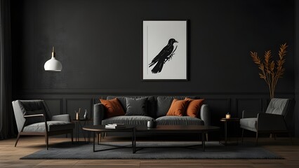 Interior of living room with balck sofa and empty mock up poster 3d rendering