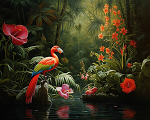 Tropical Jungle Scene with Colorful Birds and Exotic Flowers