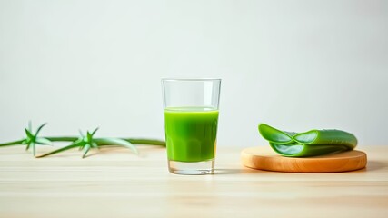 Fototapeta premium Refreshing Aloe Vera Juice in a Glass with Freshly Cut Leaves on a Wooden Board