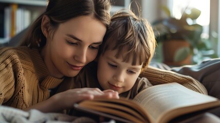 Obraz premium A mother and a child are engrossed in reading a book together sitting On a couch in a cozy living room.
