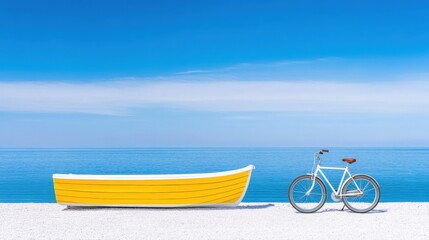 Fototapeta premium Yellow Boat Beside White Bicycle on Pristine Beach with Clear Blue Skies