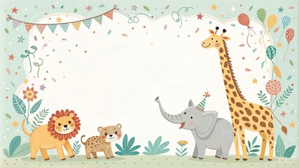 Naklejka premium Cute frame border design. Cute safari animals with festive decorations on pastel background