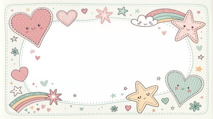 Cute frame border design. Cute hearts, stars, and rainbows on pastel whimsical background