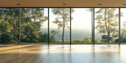 Naklejka premium Modern interior with large windows overlooking nature wooden flooring minimalistic furniture natural daylight serene atmosphere