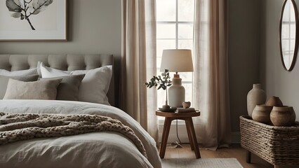 Fototapeta premium Cozy Bedroom with a View and a Warm Lamplight