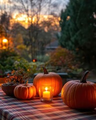 Obraz premium A cozy autumn scene with pumpkins and a candle at sunset.