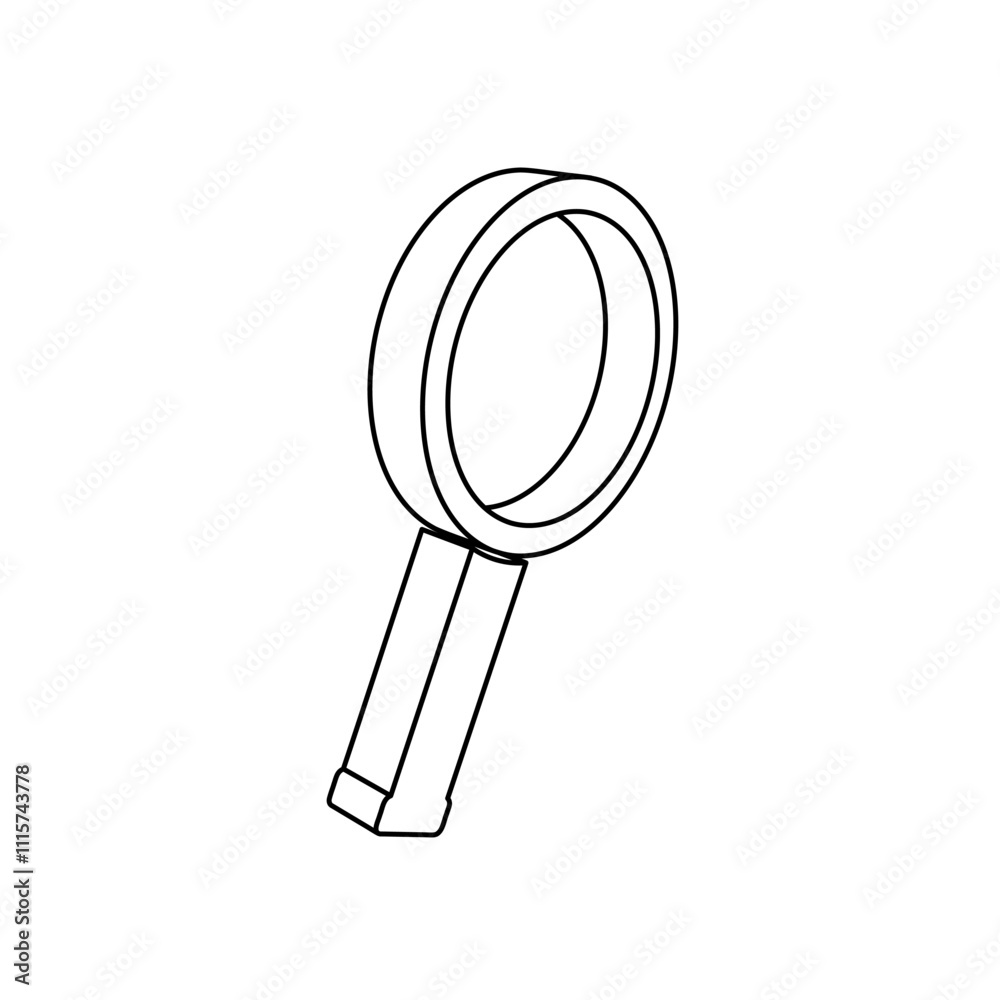 Poster the outline of a large magnifier symbol is made with black lines. 3d view of the object in perspecti