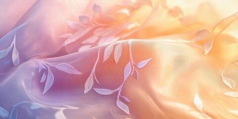 Obraz premium Transparent fabric with delicate botanical patterns set against a blurred pastel background soft and elegant lighting highlighting texture