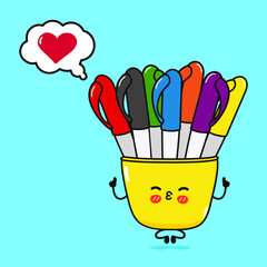 Multi-colored pens doing yoga with speech bubble. Vector hand drawn cartoon kawaii character illustration icon. Isolated on blue background. Multi-colored pens in love character concept