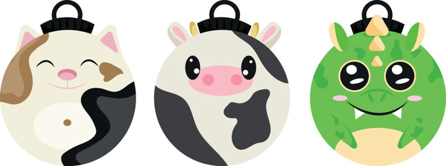 set christmas tree decoration bauble icon with white cow, white cat and green dragon, for various textiles, posters or banners