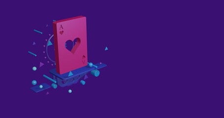 Pink ace of heart card on a pedestal of abstract geometric shapes floating in the air. Abstract concept art with flying shapes on the left. 3d illustration on deep purple background