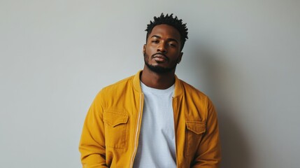 Fototapeta premium Stylish african-american man posing against a neutral wall in a casual jacket bright studio lighting confident posture with minimalist urban styling